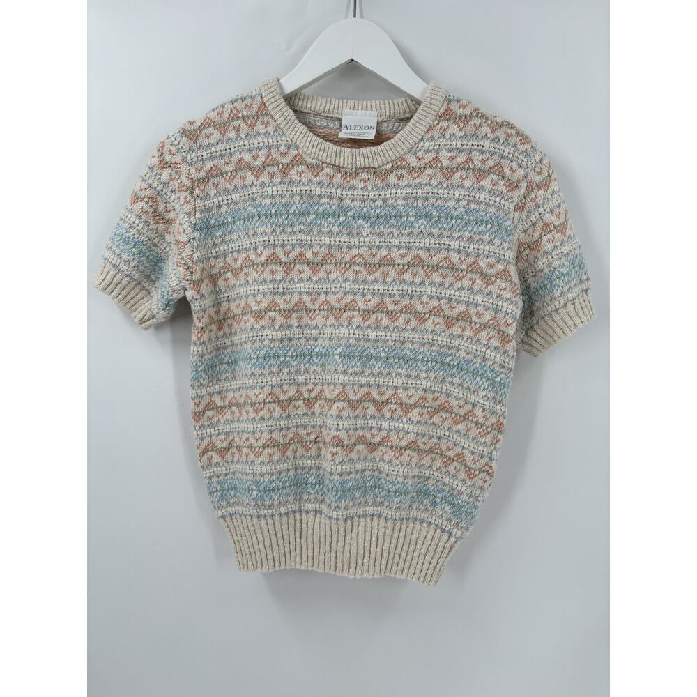 Alexon Knit Blouse Womens Small Beige Pink Striped Cotton Blend Pullover Casual